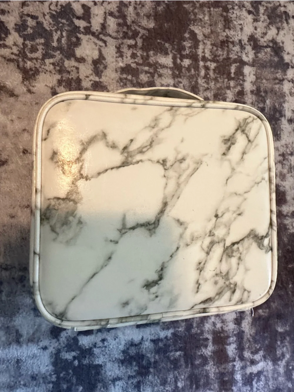 Marble-Print White Cosmetic Organizer Case with Carry Handle